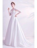 Modest Aline Satin Lace Sleeved Wedding Dress With 3/4 Sleeves