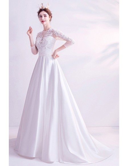 Modest Aline Satin Lace Sleeved Wedding Dress With 3/4 Sleeves ...