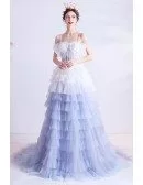 Unique Ombre Blue White Tutus Prom Dress Princess With Long Train