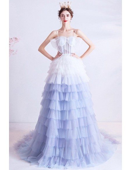 Unique Ombre Blue White Tutus Prom Dress Princess With Long Train