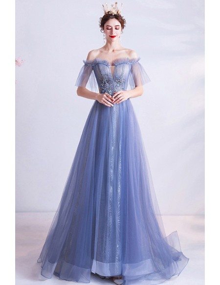 Blue Flowy Tulle Aline Long Prom Dress Strapless With Embroidery Flowers