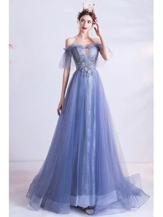 Blue Flowy Tulle Aline Long Prom Dress Strapless With Embroidery Flowers