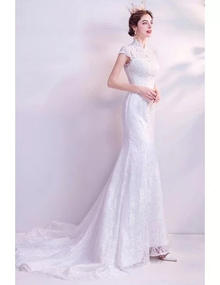 Classic Mermaid Lace Wedding Dress With Collar Lace Cap Sleeves