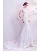 Classic Mermaid Lace Wedding Dress With Collar Lace Cap Sleeves