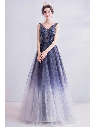 Bling Navy Blue Ombre Tulle Prom Dress Vneck With With Beading