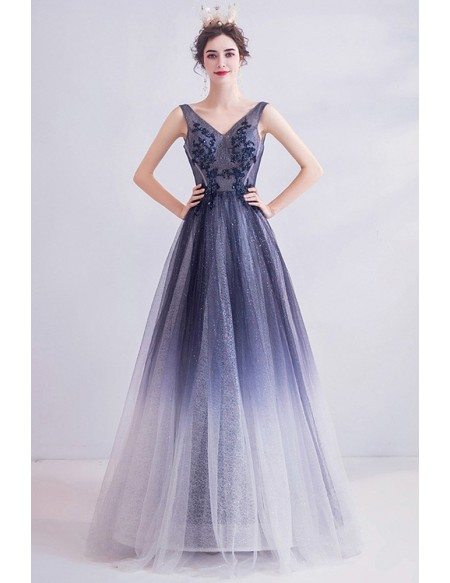 Bling Navy Blue Ombre Tulle Prom Dress Vneck With With Beading ...