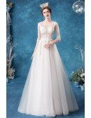 Retro Vneck Embroidery Sheer Top Wedding Dress With Half Sleeves