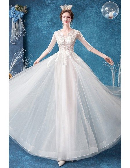 Retro Vneck Embroidery Sheer Top Wedding Dress With Half Sleeves