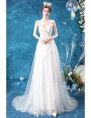 Fairy Petals Straps Sling Aline Wedding Dress Sheer Bodice With Sweep Train