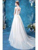 Fairy Petals Straps Sling Aline Wedding Dress Sheer Bodice With Sweep Train