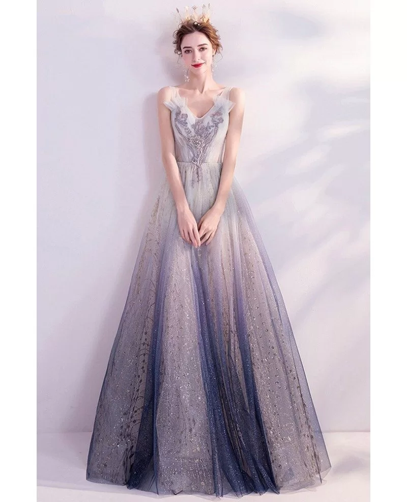 Bling Ombre Blue Aline Prom Dress Vneck With Shinning Sequins Wholesale ...
