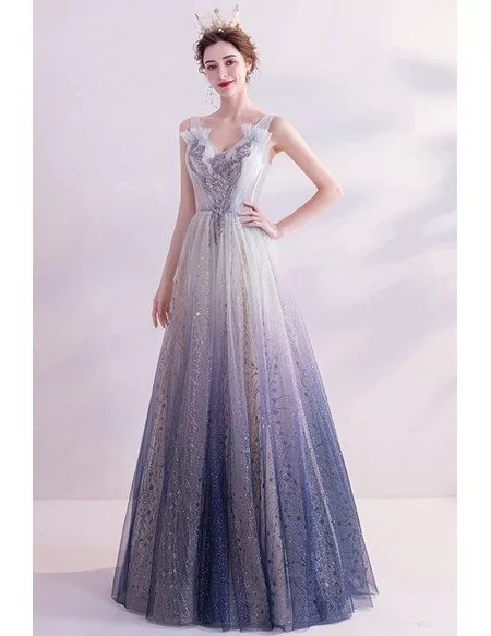 Bling Ombre Blue Aline Prom Dress Vneck With Shinning Sequins