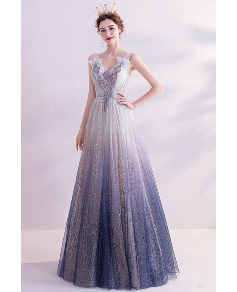 Bling Ombre Blue Aline Prom Dress Vneck With Shinning Sequins Wholesale ...