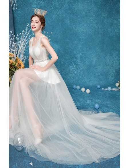 Retro Vneck Dotted See-through Wedding Dress Aline For Beach Weddings