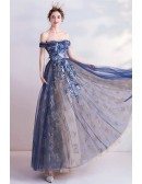 Navy Blue Off Shoulder Tulle Prom Party Dress With Embroidered Flowers