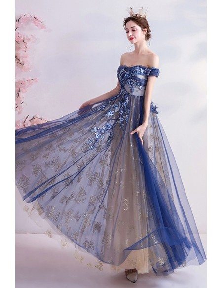 Navy Blue Off Shoulder Tulle Prom Party Dress With Embroidered Flowers