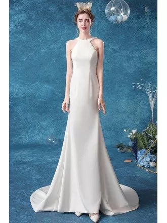 Simple Long Halter Mermaid Wedding Dress With Illusion Back
