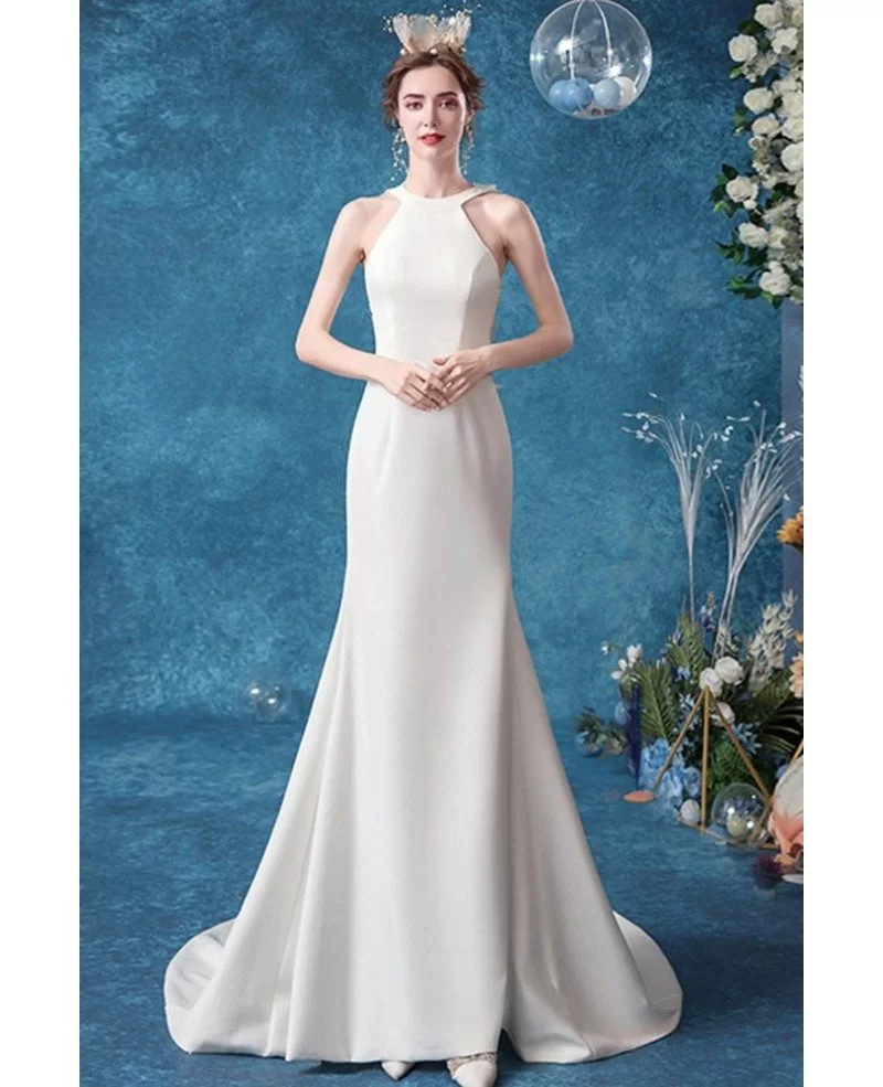 Simple Long Halter Mermaid Wedding Dress With Illusion