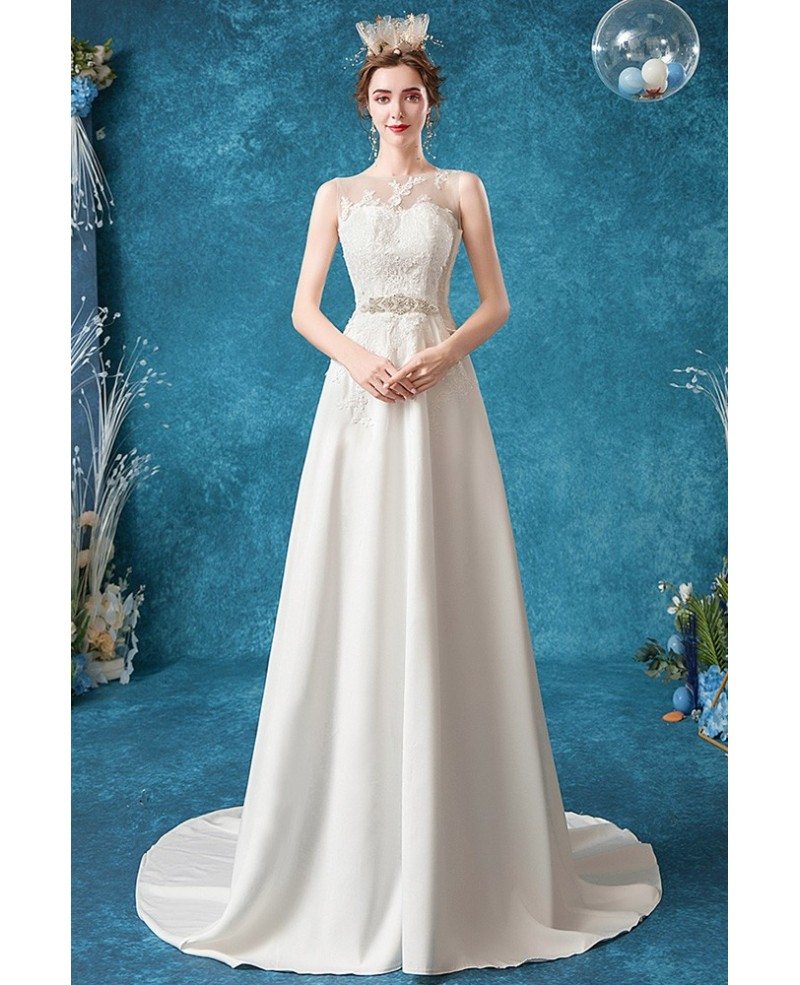 Simple Aline Lace Wedding Dress With Jeweled Belt Sweep Train Wholesale ...