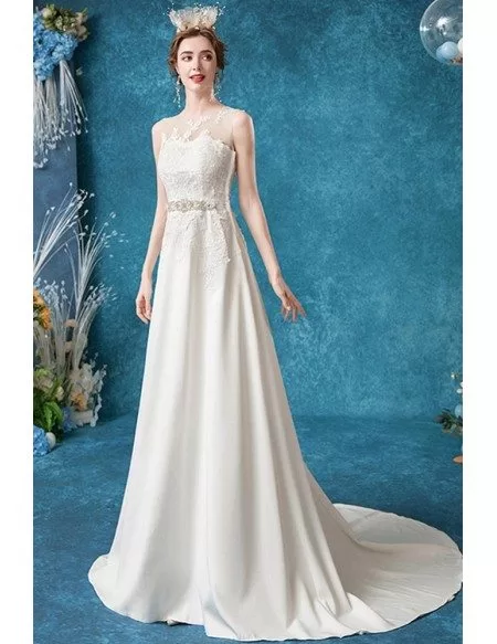 Simple Aline Lace Wedding Dress With Jeweled Belt Sweep Train