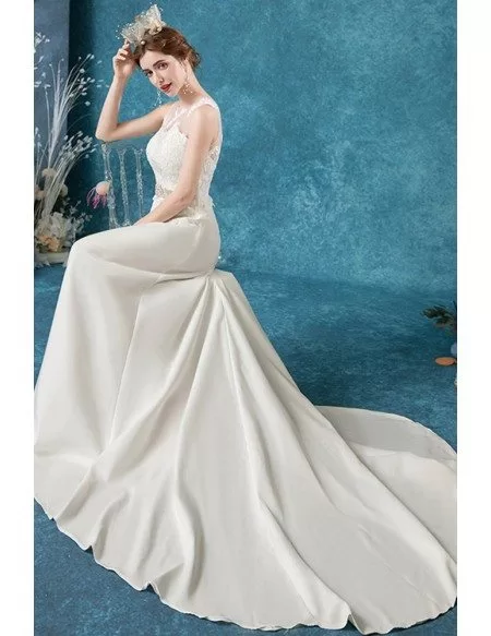 Simple Aline Lace Wedding Dress With Jeweled Belt Sweep Train