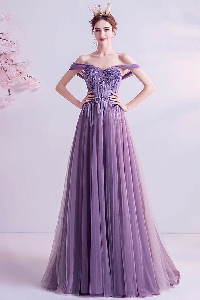 Gorgeous Purple Beaded Aline Prom Dress With Flowy Tulle Wholesale # ...
