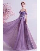 Gorgeous Purple Beaded Aline Prom Dress With Flowy Tulle