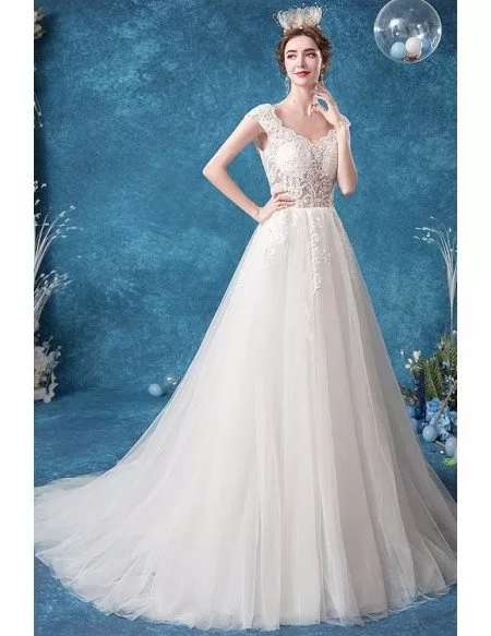 Sheer Waist Embroidered Lace Elegant Wedding Dress With Train
