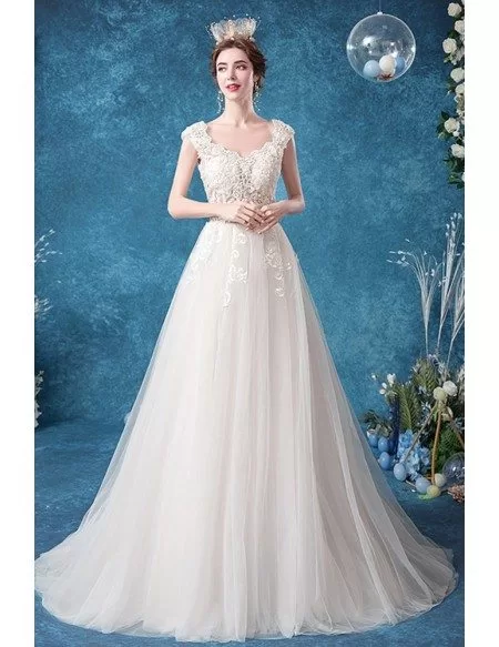 Sheer Waist Embroidered Lace Elegant Wedding Dress With Train