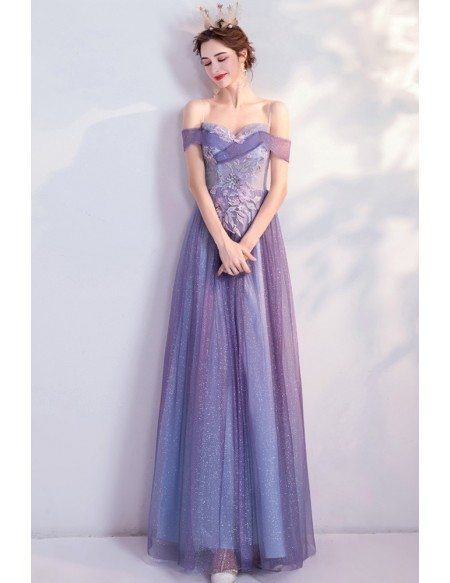 Purple Bling Tulle Slim Aline Prom Dress With Beaded Flowers