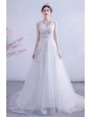Illusion Lace Top Vneck Aline Wedding Dress Tulle With Train