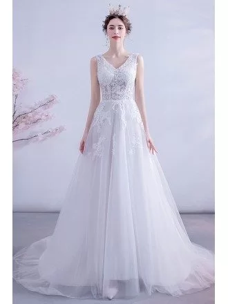 Illusion Lace Top Vneck Aline Wedding Dress Tulle With Train