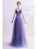 Slim Flowy Tulle Aline Prom Dress With Beadings Spaghetti Straps
