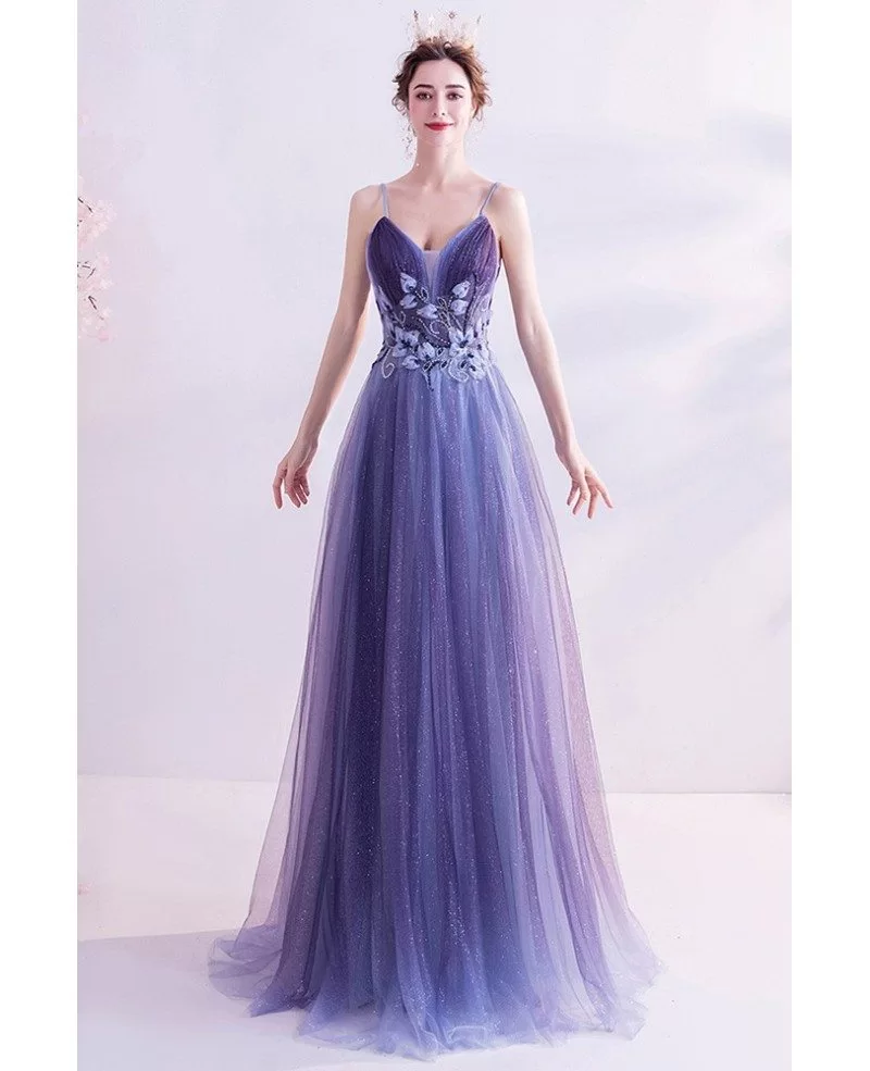 Slim Flowy Tulle Aline Prom Dress With Beadings Spaghetti Straps ...