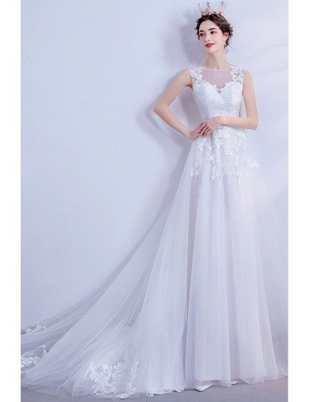 Lace Aline Tulle Sheer Neck Wedding Dress With Appliques Sweep Train