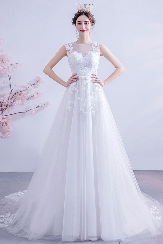 Lace Aline Tulle Sheer Neck Wedding Dress With Appliques Sweep Train ...