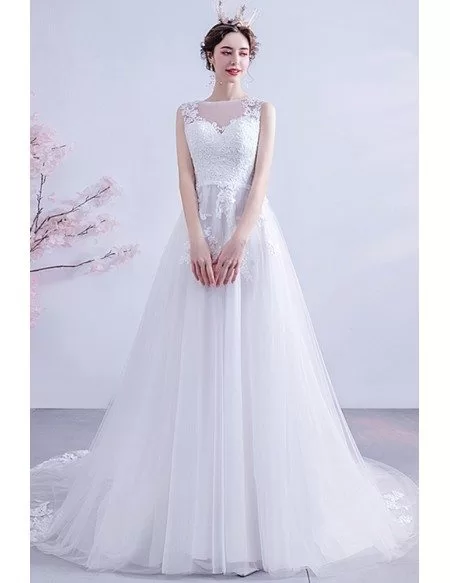 Lace Aline Tulle Sheer Neck Wedding Dress With Appliques Sweep Train