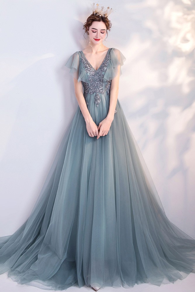 Elegant Blue Green Tulle Flowy Long Prom Dress Vneck With Puffy Sleeves ...