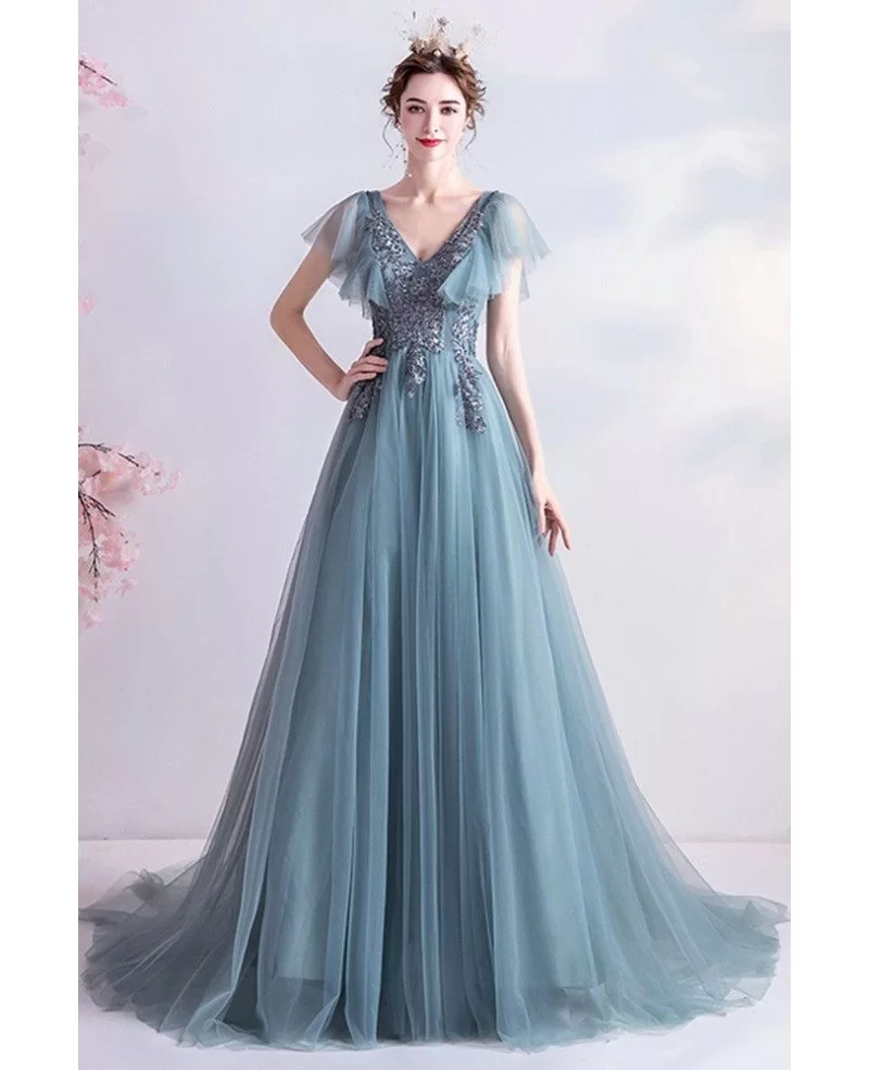 Elegant Blue Green Tulle Flowy Long Prom Dress Vneck With Puffy Sleeves ...