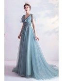 Elegant Blue Green Tulle Flowy Long Prom Dress Vneck With Puffy Sleeves