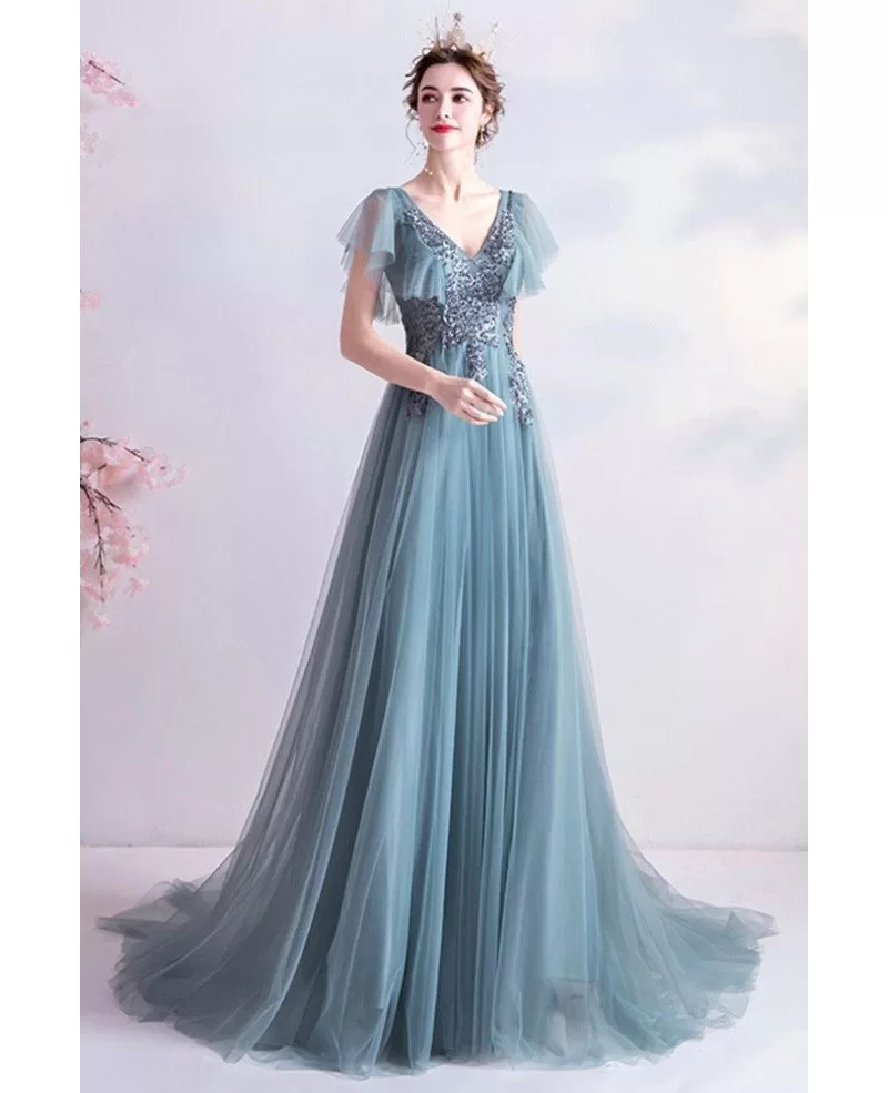 Elegant Blue Green Tulle Flowy Long Prom Dress Vneck With Puffy Sleeves ...