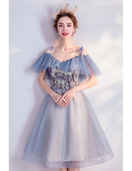 Blue Knee Length Tulle Cute Homecoming Prom Dress With Appliques ...