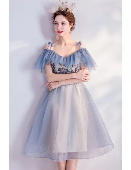 Blue Knee Length Tulle Cute Homecoming Prom Dress With Appliques