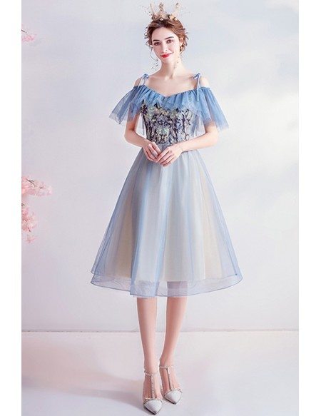 Blue Knee Length Tulle Cute Homecoming Prom Dress With Appliques ...