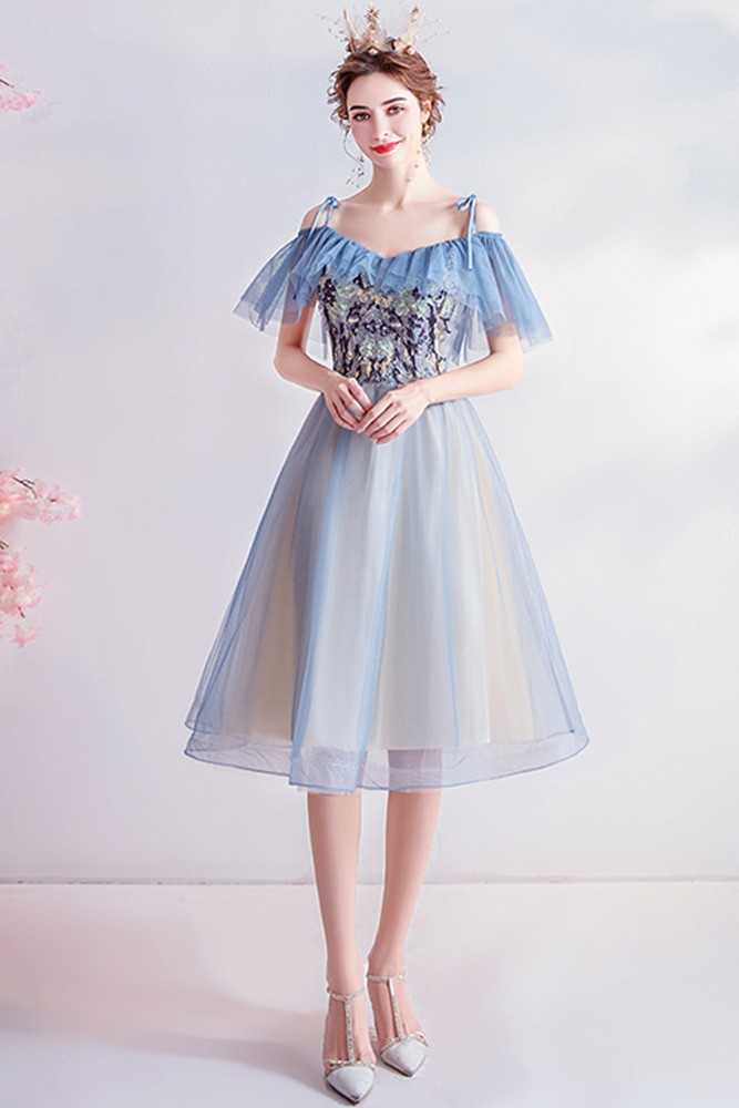 Blue Knee Length Tulle Cute Homecoming Prom Dress With Appliques ...