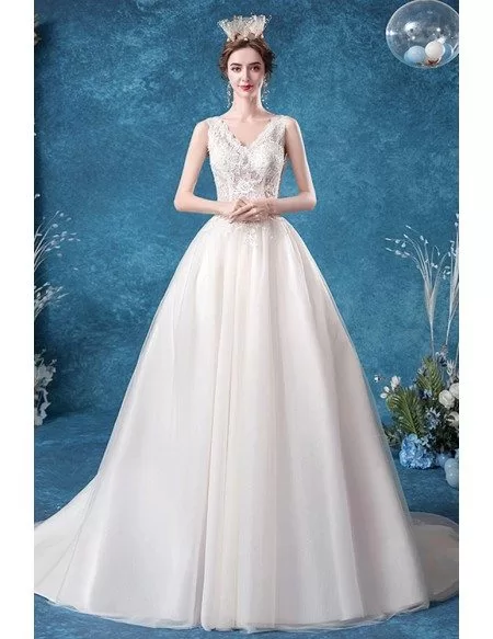 Vneck Lace Ballgown Wedding Dress With Sheer Lace Top