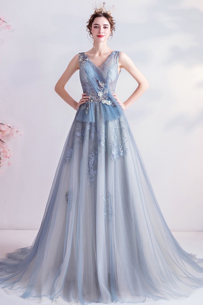 Elegant Blue Flowy Tulle Vneck Prom Dress With Appliques Laceup ...