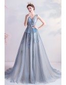 Elegant Blue Flowy Tulle Vneck Prom Dress With Appliques Laceup