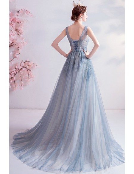 Elegant Blue Flowy Tulle Vneck Prom Dress With Appliques Laceup