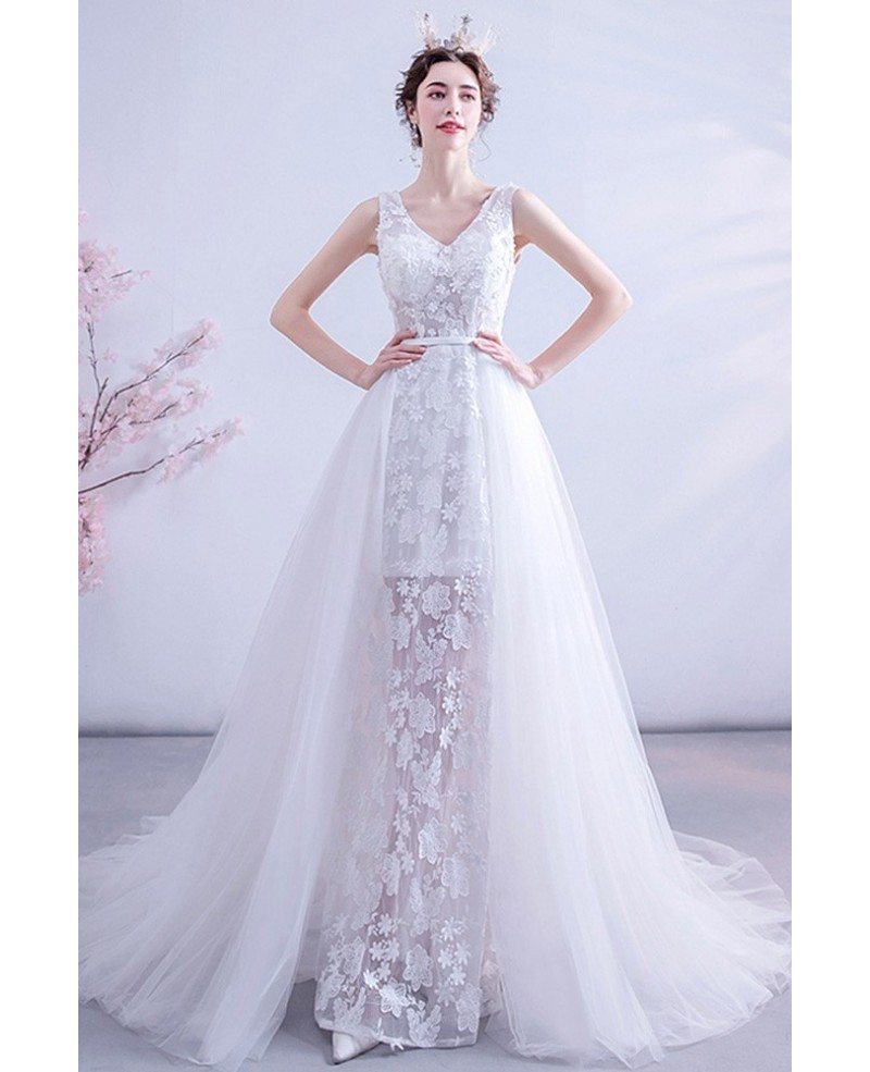 Fairy Lace Flowers Vneck Wedding Dress With Flowy Tulle Wholesale #T47097 